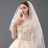 Aularso Lace Wedding Veil with Comb Fingertip Length Bridal Veils Star 2Ties Cut Edge Tulle Veil for Brides
