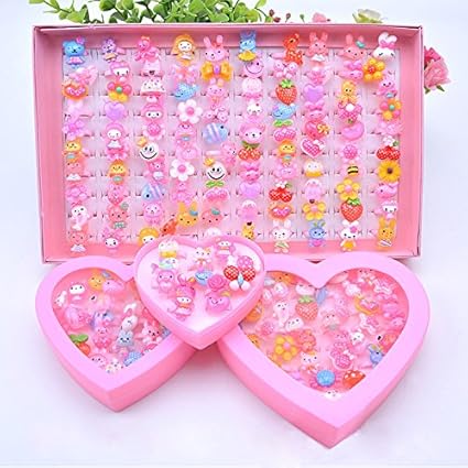 Leoie Kids Assorted Cute Resin Acrylic Cartoon Rings Toy with Plastic Storage Box Party Favors Girls Gift (Style Random) 100PCS/Box