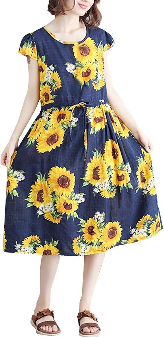 Amazon Co Jp ワンピース レディース Oネック半袖コットンリネンフローラルプリントミッドカーフドレス ゆったり 体型カバー 着痩せ ふんわり チュニックドレス シンプル 大人 お洒落 通勤 普段着 カジュアル おしゃれ パーティー フォーマル 結婚式 可愛い 春 夏 秋