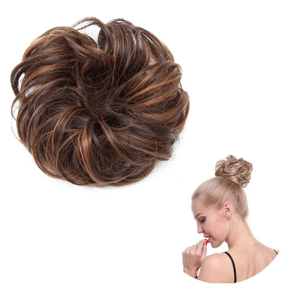 SEGO Messy Updo Hairpiece Scrunchy Scrunchie Hair Bun Extension [Dark Brown & Light Auburn] Curly Hair Ribbon Ponytail Extensin Donut Hair Chignons