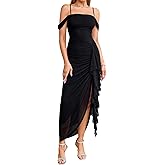 HTZMO Women Elegant Bodycon Maxi Dress Ruched Ruffle Slit Wedding Gutst Formal Cocktail Party Long Dresses