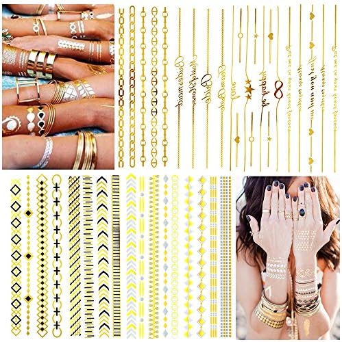 Hakuna 8 Sheets Flash Temporary Tattoos, Over 35+ Metallic Black/Gold/Silver Jewelry Designs