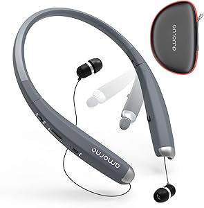 Foldable Bluetooth Headphones, AMORNO Wireless Neckband Sports Headset with Retractable Earbuds, Sweatproof Noise Cancelling Stereo Earphones with Mic (Grey)