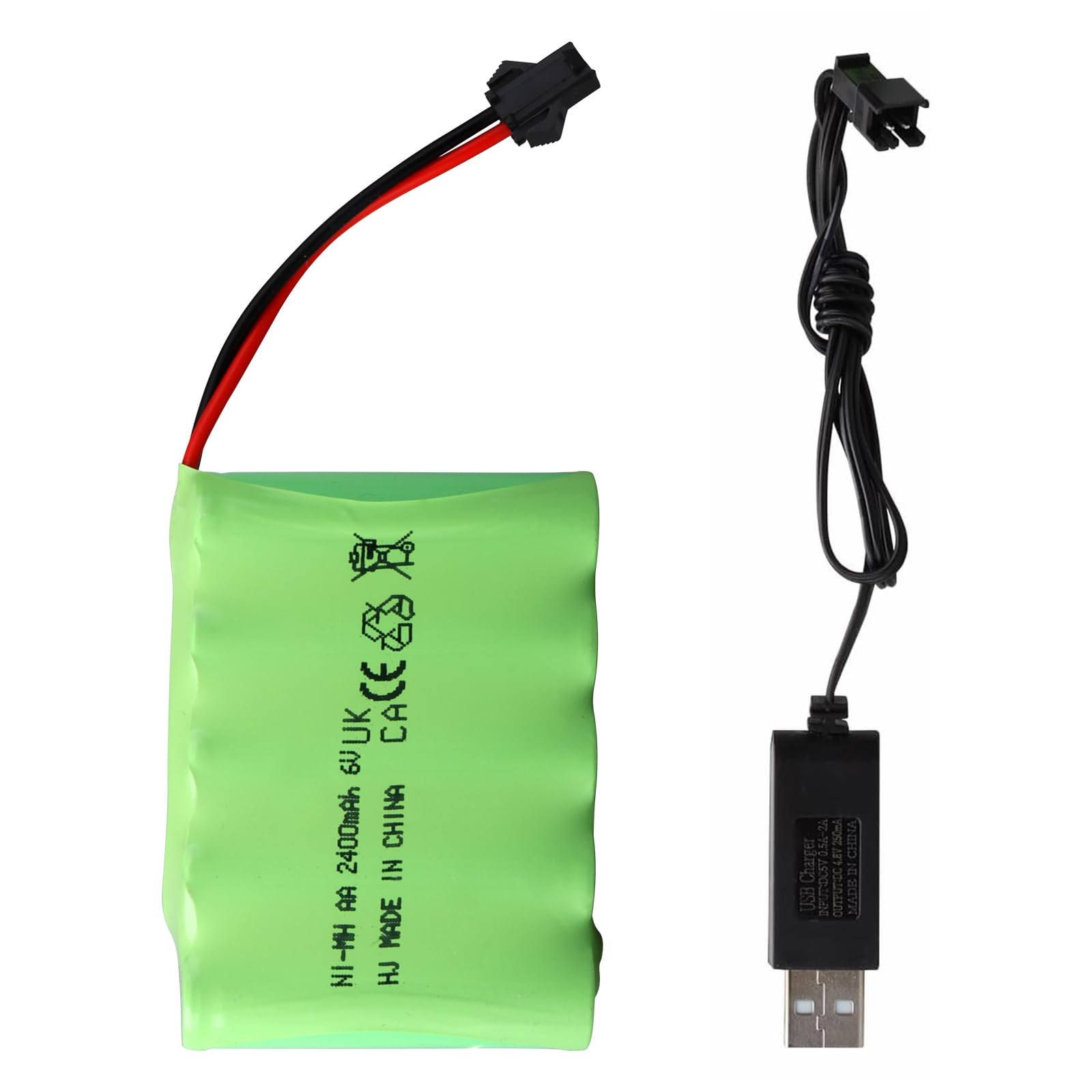 6V 2400mAh NiMH Battery Pack, Rechargeable SM-2P Plug with USB Charging Cable Suitable Compatible with RC/Remote Control Cars, Buggy, Boats, Helicopter, Airplane, Airsoft Guns