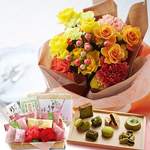 Amazon 伊藤久右衛門 母の日 プレゼント 花とスイーツ 生花 ブーケ 花束 オレンジ ビタミンカラー バラ カーネーション フラワーアレンジメント 宇治抹茶の和菓子詰め合わせ 18 くず菓子 通販