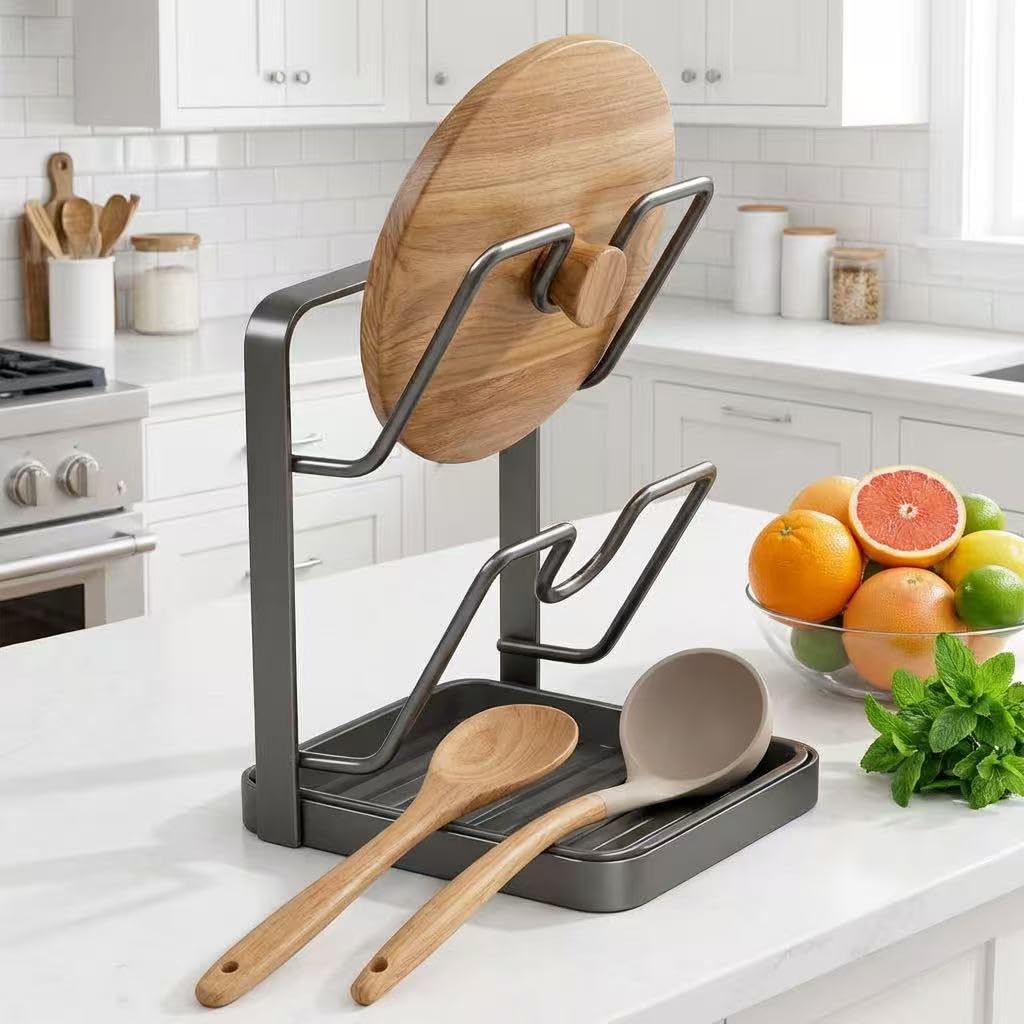 Photo 1 of 2026 Upgraded 304 Stainless Steel Pot Lid Holder While Cooking, Kitchen Pot Lid Storage Rack for stove top, Multifunctional Kitchen Pot Lid Organizer for Countertop(Double Layer-Gray)