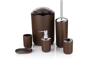 ZUVO Bathroom Accessories Set 6 Piece - Trash Can, Toothbrush Holder, Toothbrush Cup, Soap Dispenser, Soap Dish, Toilet Brush Holder - Modern Bathroom Decor Set (Brown)