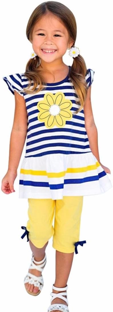 LILICAT Baby Kids Girls Clothing SuitLILICAT Daisy Flower Blue Stripe Shirt Top Dress + Yellow Bow Pant Set Clothing