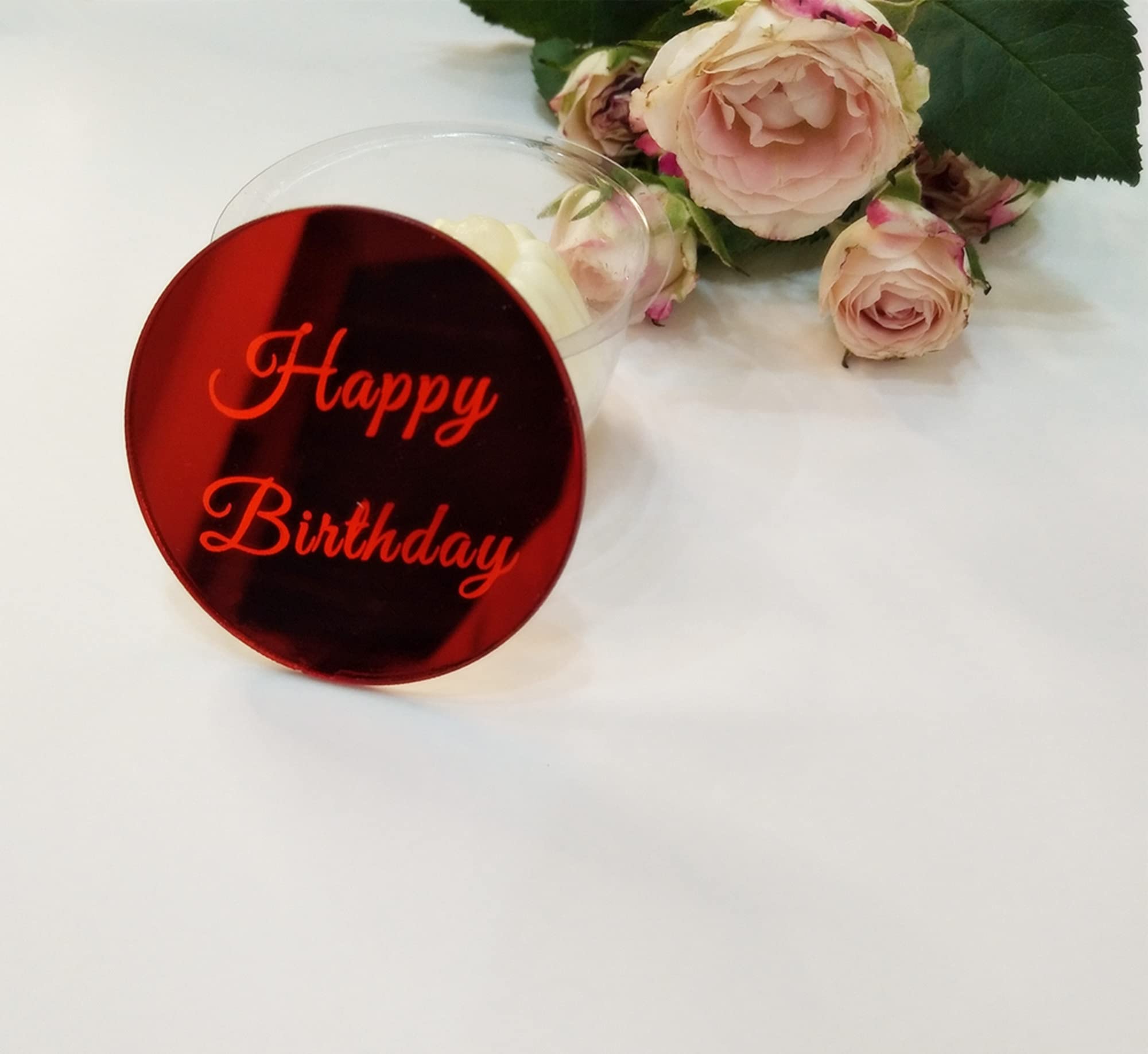 12pcs Mirrored Happy Birthday Cake Disc Cupcake Toppers, Acrylic Cake Charm, Engraved Topper,Mini Acrylic Cake Toppers (Red Mirror)