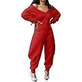 NRTHYE Women's Casual One Piece Jumpsuits Sexy V Neck Off Shoulder Long Sleeve Wide Leg Club Sweatsuit Outfits Rompers