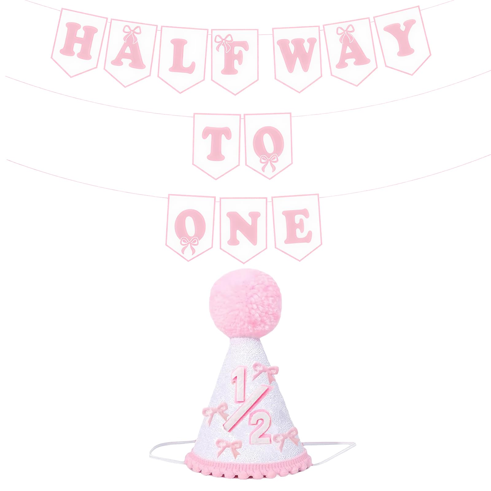 Qubitly 1/2 Birthday Hat for Girls, 6 Months Cone Birthday Crown, Pink Felt Party Hats with Elastic Cord and Banner, Boho Half-Year-Old Party Decorations Photo Props for Kids (Pink 1/2 Hat & Banner) — image 1