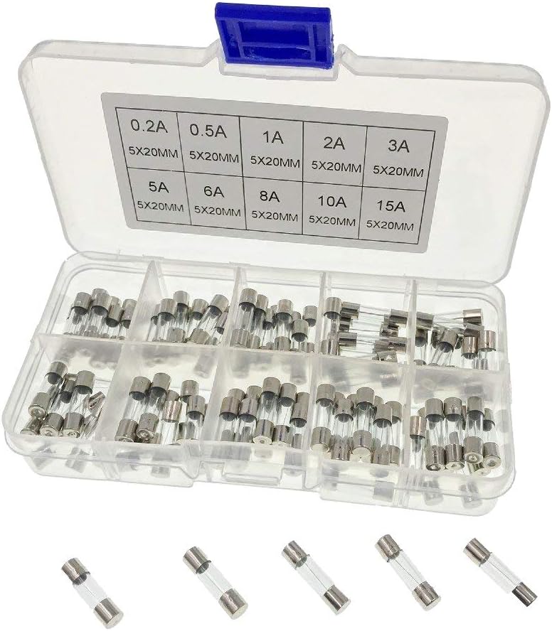JZK 100 x Quick Blow Glass fuses Set, 20 x 5mm, Fast Blow Assorted fuses kit with Box, Amp Values: 0.2A 0.5A 1A 2A 3A 5A 6A 8A 10A 15A