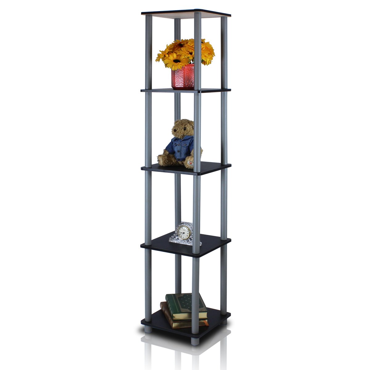 Furinno TURN-N-TUBE Storage Shelves, 5-Tier Square Book Shelf, Corner Shelf, Toolless Open Shelves, Round Tubes, for Organization and Storage, Living Room, Garage, Home Office, Black