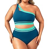 Aqua Eve Women Plus Size High Waisted Bikini One Shoulder Two Piece Swimsuit Color Block Bathing Suits