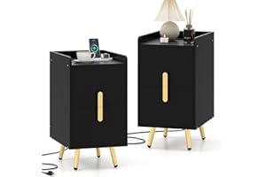 GOFLAME Nightstand with Charging Station, Narrow Bedside Table with 2 Storage Drawers, Metal Knobs & Legs, Wooden, Modern Sof