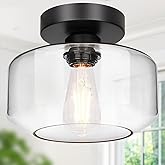Industrial Semi Flush Mount Ceiling Light, 800 Lumen LED Bulb Included, Clear Glass Shade Ceiling Light Fixture, Farmhouse Li