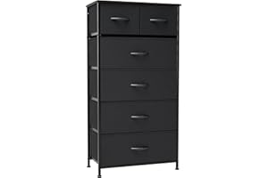 Crestlive Products Vertical Dresser Storage Tower - Sturdy Steel Frame, Wood Top, Easy Pull Fabric Bins - Organizer Unit for Bedroom, Entryway, Closets - 6 Drawers (Black)