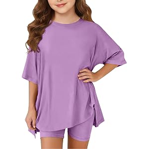 Two Piece Summer Outfits for Teen Girls Short Sleeve Loose Fit Shirts with Shorts Set Kids Side Open Dress Tops Stretchy