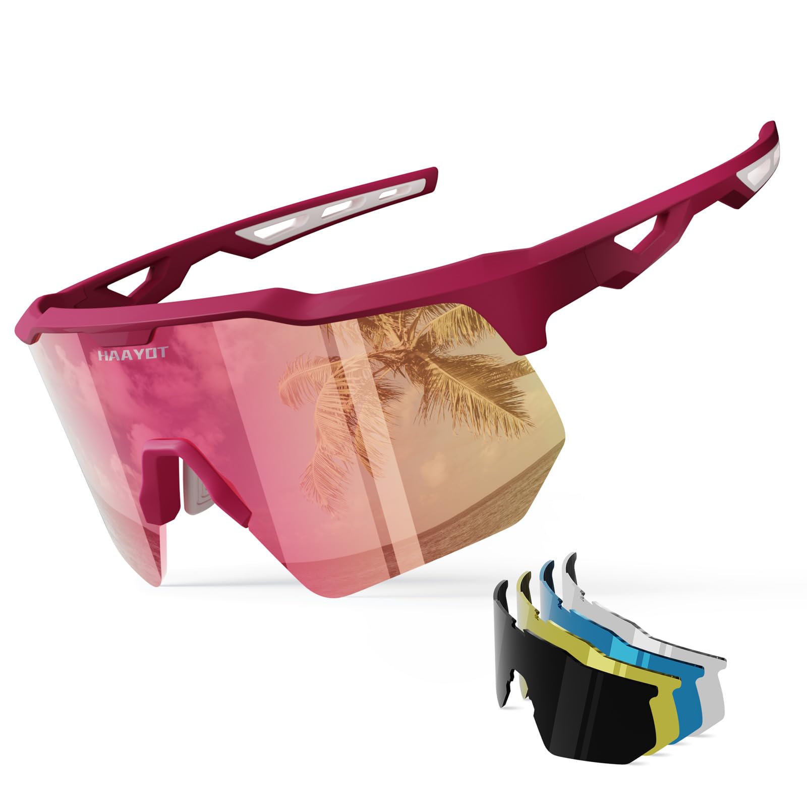 Photo 1 of HAAYOT Polarized Cycling Glasses,Sports Sunglasses for Men Women,Baseball Biking Running Sunglasses 5 Lenses Orange Pink