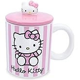 Toynk Sanrio Hello Kitty Pink Stripes Ceramic Mug With Lid | Large Coffee Cup For Tea, Espresso, Cocoa | Holds 18 Ounces