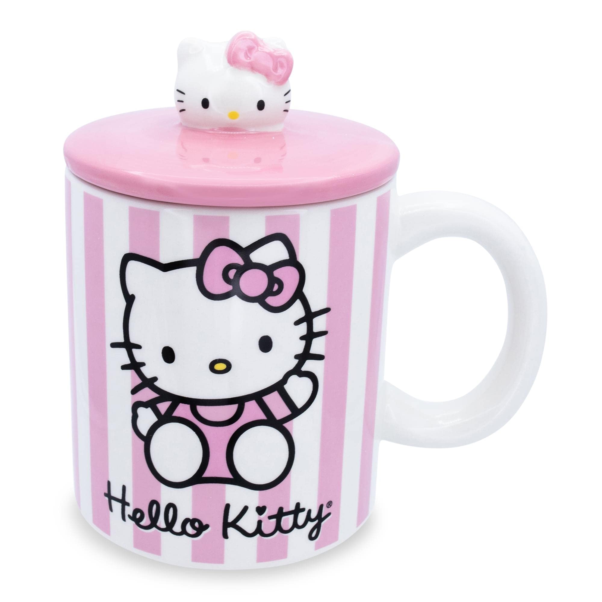 Toynk Sanrio Hello Kitty Pink Stripes Ceramic Mug with Lid | Holds 18 Ounces