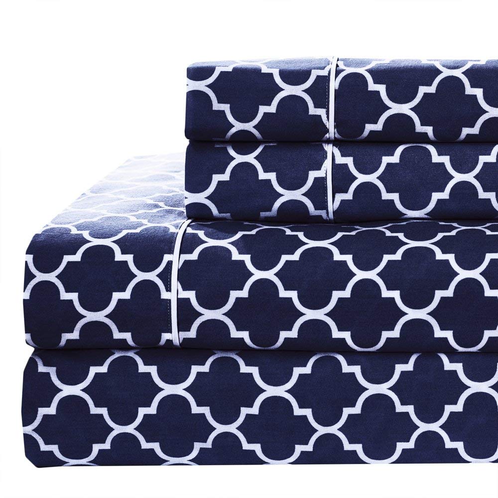 Meridian Navy and White Brushed Sateen Cotton Sheets, 4pc Adjustable Top Split King, Bed Sheet Set 100-Percent Cotton, Superior Sateen Weave, Crispy Soft, Deep Pocket, Modern Reactive Print