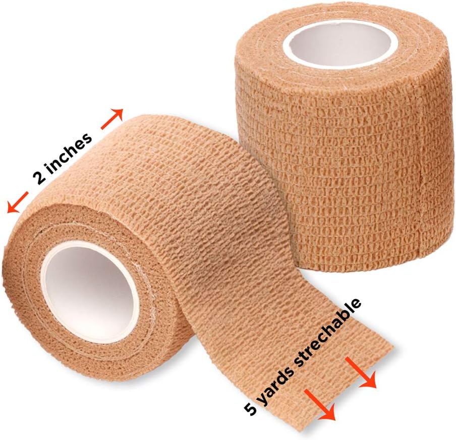 Self Adherent Cohesive Wrap Bandages (12 Pack Bundle) - 2” Wide, 5 Yards All Sports Athletic Tape | Brown Non-Woven Bandage | Breathable Wound Tape | Medical Stretch, Cover All Tape: Health & Personal Care