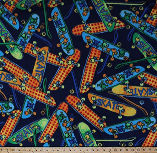 Fleece Skateboards Decks Skulls Stars Skateboarding Skateboarders Skaters Sports Blue Fleece Fabric Print by the Yard 5698f-2a