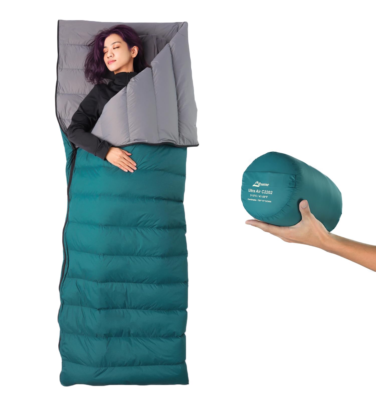 Litume 565g, 5-15°C Combinable Down Sleeping Bag, Lightweight, Packable Adults, Double for Backpacking, Camping, Family, Compact with Stuff Sack