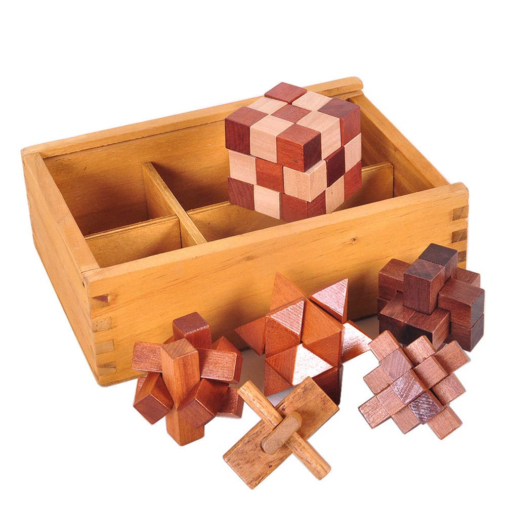 Chonor 6 Pieces Premium 3D Wooden Brain Teaser Puzzles Set in Wooden Box - Classical Interlocking Toy Cube Blocks Jigsaw Cube Game for Kids and Adults - Gift and Decoration Idea
