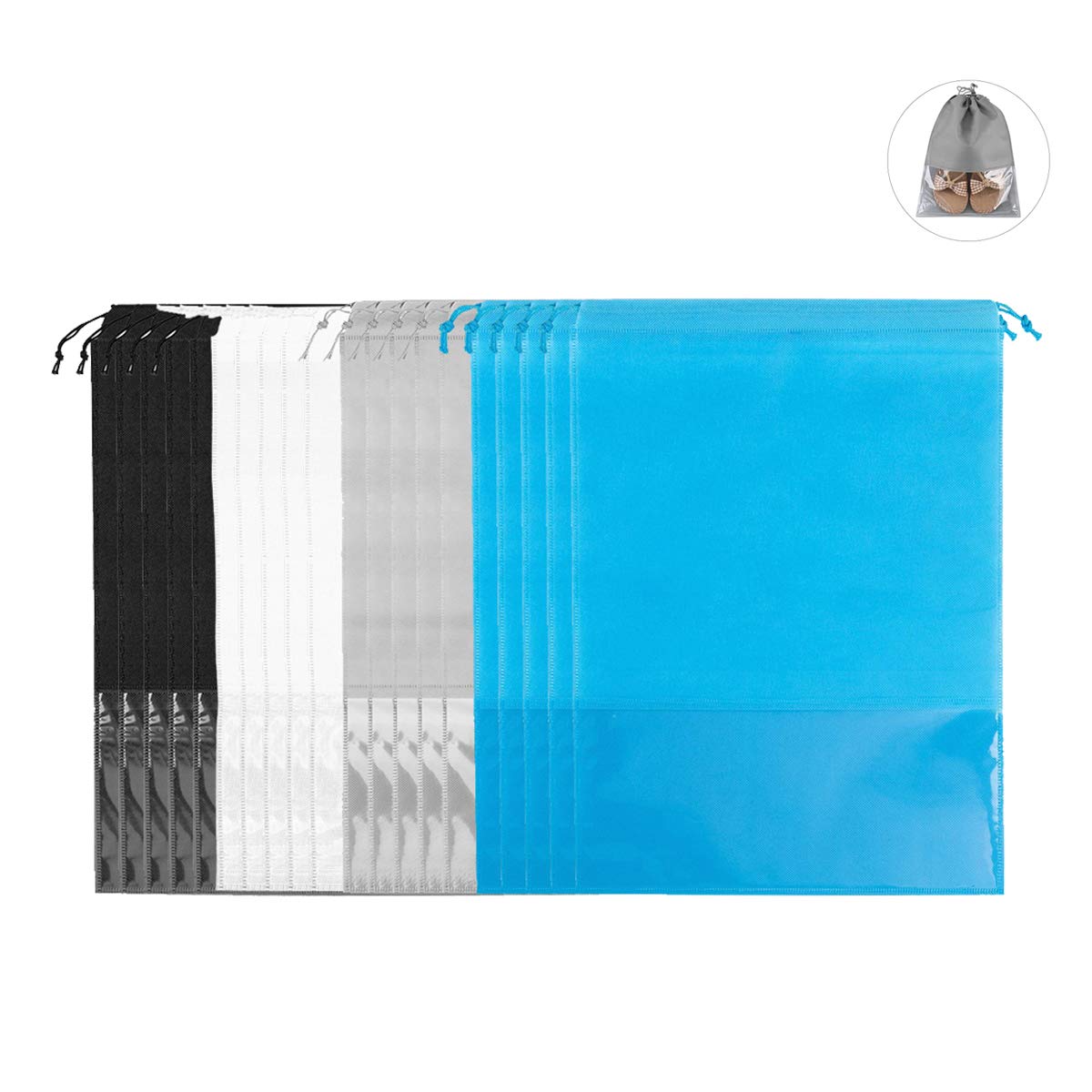 20 Pieces 44 x 32cm Large Travel Shoe Bags with Transparent Window Non-Woven Storage with Rope for Shoes Ankle Boots High,4 Colors