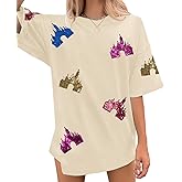 Magic Kingdom Shirts for Women Sequin Top Colorful Castle Graphic Tshirt Holiday Vacation Shirt Funny Cute Tee Tops