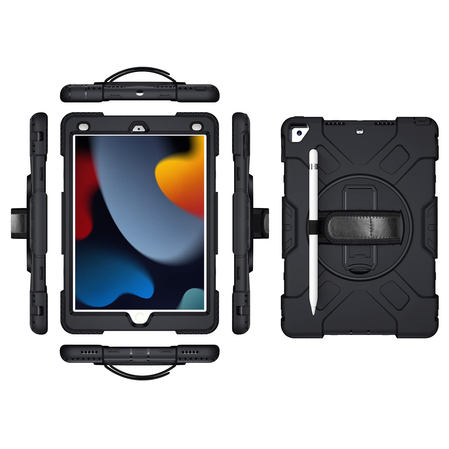 iPad mini6 2021 Generation Case with Screen Protector Pencil Holder Kickstand 360 Rotating Hand Strap Kickstand Robust Protective Case (Black)