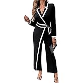 CHICME Wrap Front Jumpsuits for Women Contrast Paneled Long Sleeve Notched Collar Padded Shoulders Casual Jumpsuit