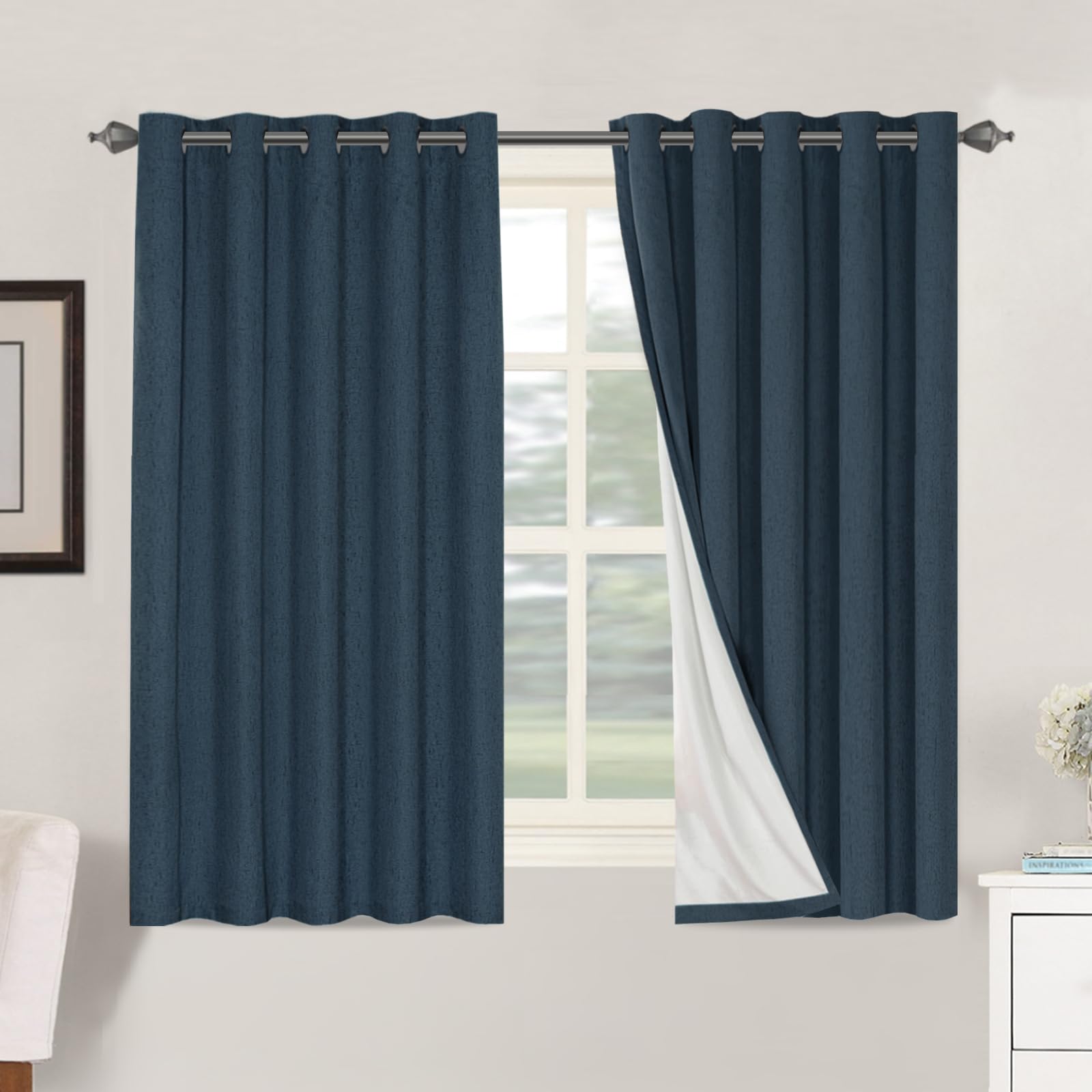 BellaHills 100% Blackout Curtains for Bedroom Eyelet Linen Curtains for Living Room with White Coating Back Grommet Thermal Insulated Curtain 2 Panels, 66 x 54 Inch, Navy