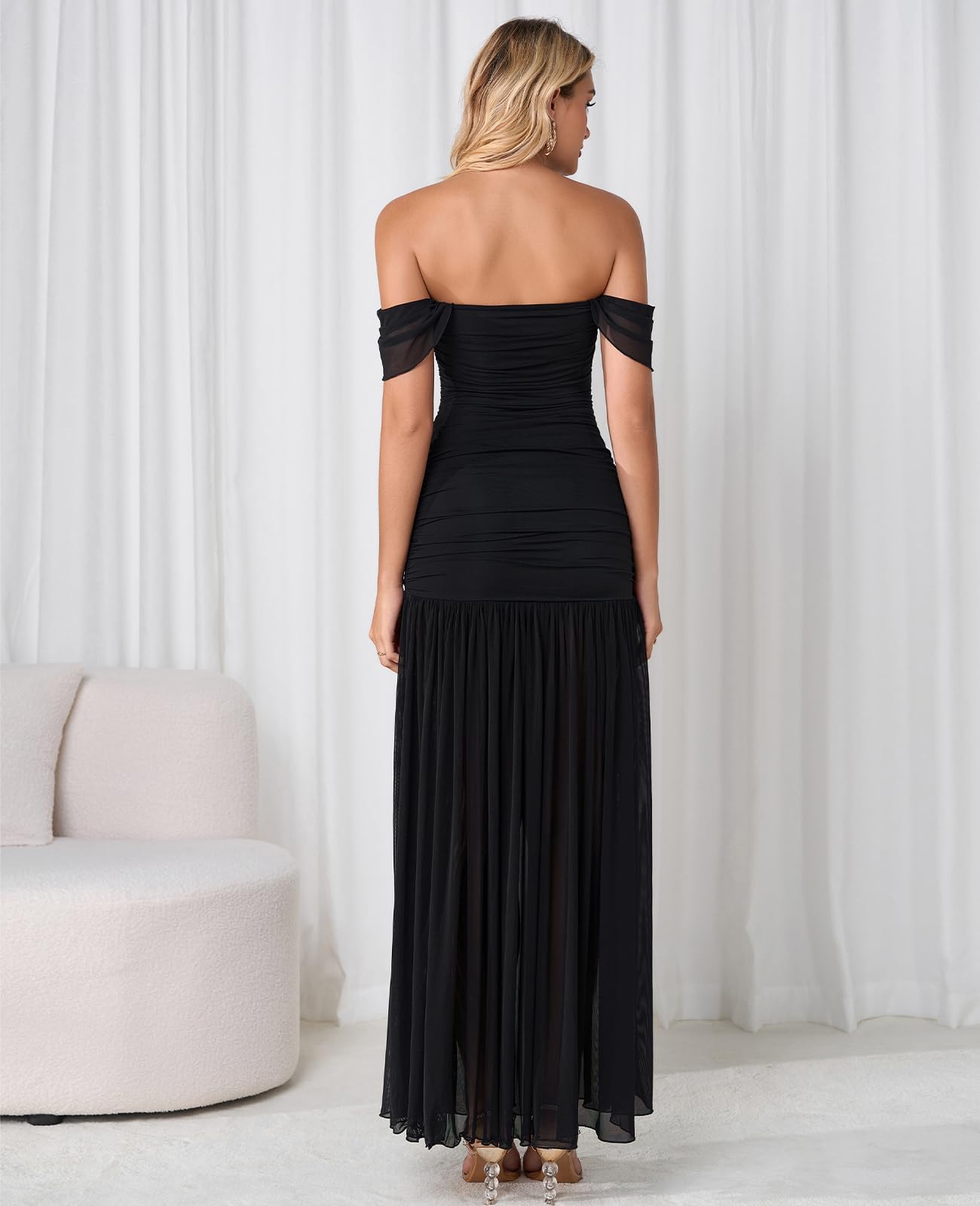 Condition photo showing New/Like New for xinfsh women's off the shouler fomal wedding guest maxi dress ruched flowy mesh long cocktail evenin