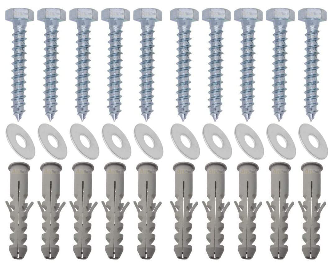 Auline M8 x 60mm Masonry Brick Wall Fixing Screw Bolts with Plugs & Washers for Aerial Satellite Sky Dish TV Bracket Fence Shelves Mounting (Pack of 10)