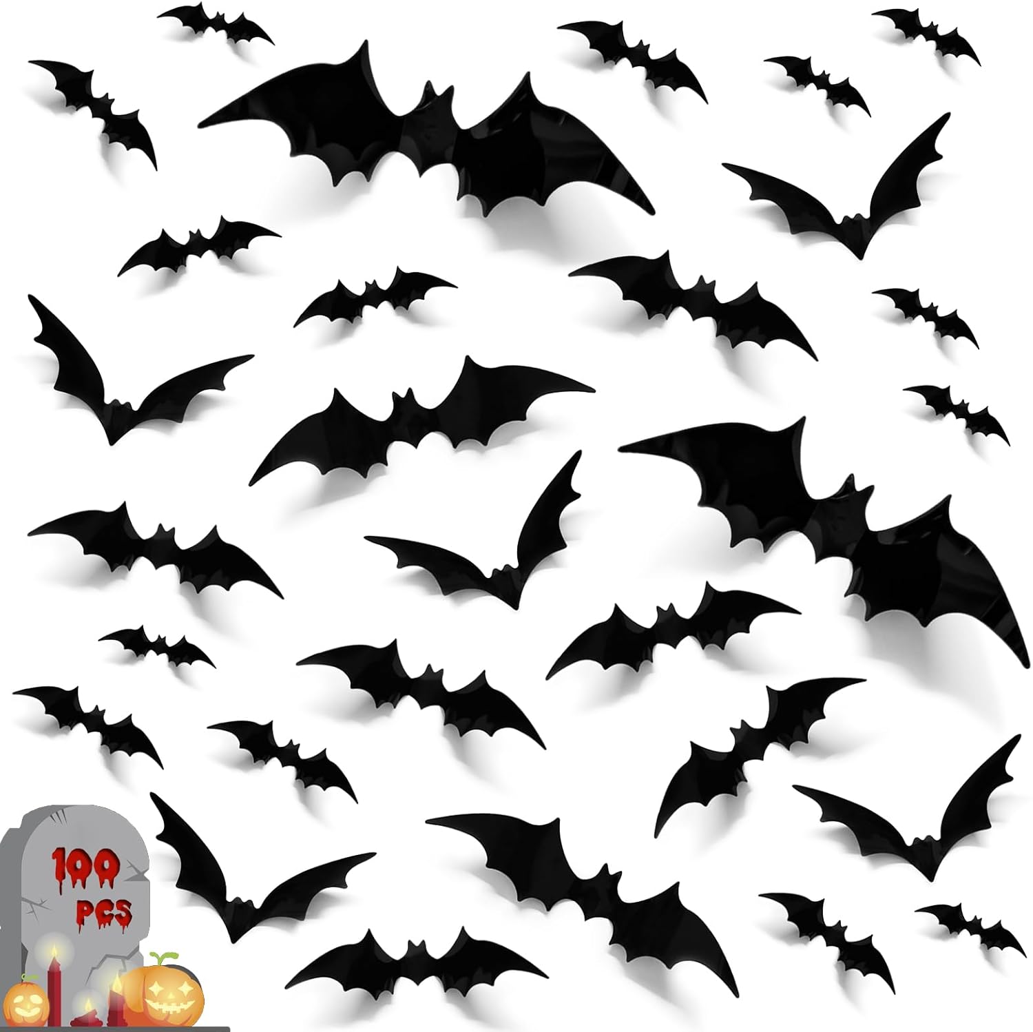 Window Treatments - Bats Halloween Decorations, 100Pcs 3D Bats Wall Decor, 6 Sizes PVC Bat Stickers Halloween Party Supplies for DIY Home Window Wall Decals Indoor Room Bathroom Door Decor with Double-Sided Foam Tape