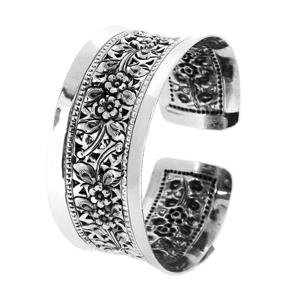 Treasure Bay Women's 925 Sterling Silver Bangle Floral Engraving