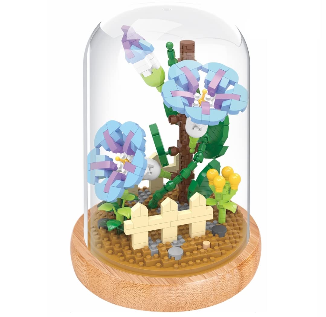 WISEHAWK Kit of miniature blocks to assemble flowers. With wooden stand and dome cover. Bluebell