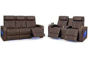 Seatcraft Armada LT Zero-Gravity HeatZero Italian Leather Sofa w/Fold-Down Table & Loveseat w/Storage Console Home Theater Seating, Heat & Massage, Power Headrest, Power Recline, Brown