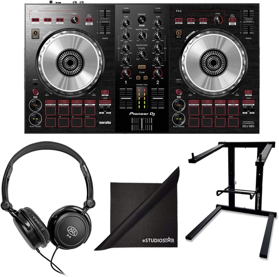 Amazon Com Pioneer Dj Ddj Sb3 Portable 2 Channel Serato Dj Lite Controller W Axcessables Stereo Headphones Folding Laptop Stand And Estudiostar Polishing Cloth Musical Instruments