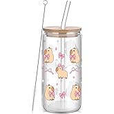 Yetene Capybara Glass Cup with Lid and Straw 16oz Coquette Bow Cup Iced Coffee Mug Cute Capybara Gifts for Women Girls Friend Sister Girlfriend