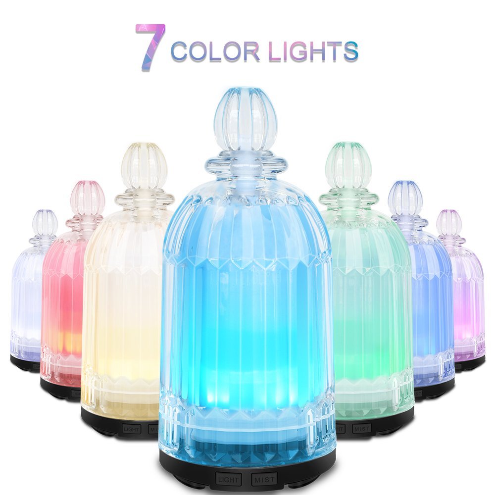 COSVII Electric Ultrasonic Glass Essential Oil Diffuser Perfume Bottle Design, 120ml Portable Small Aromatherapy Air Humidifier, Auto Shut-off, Quiet Operation, 7-color LED Lights (Clear Glass Cover)