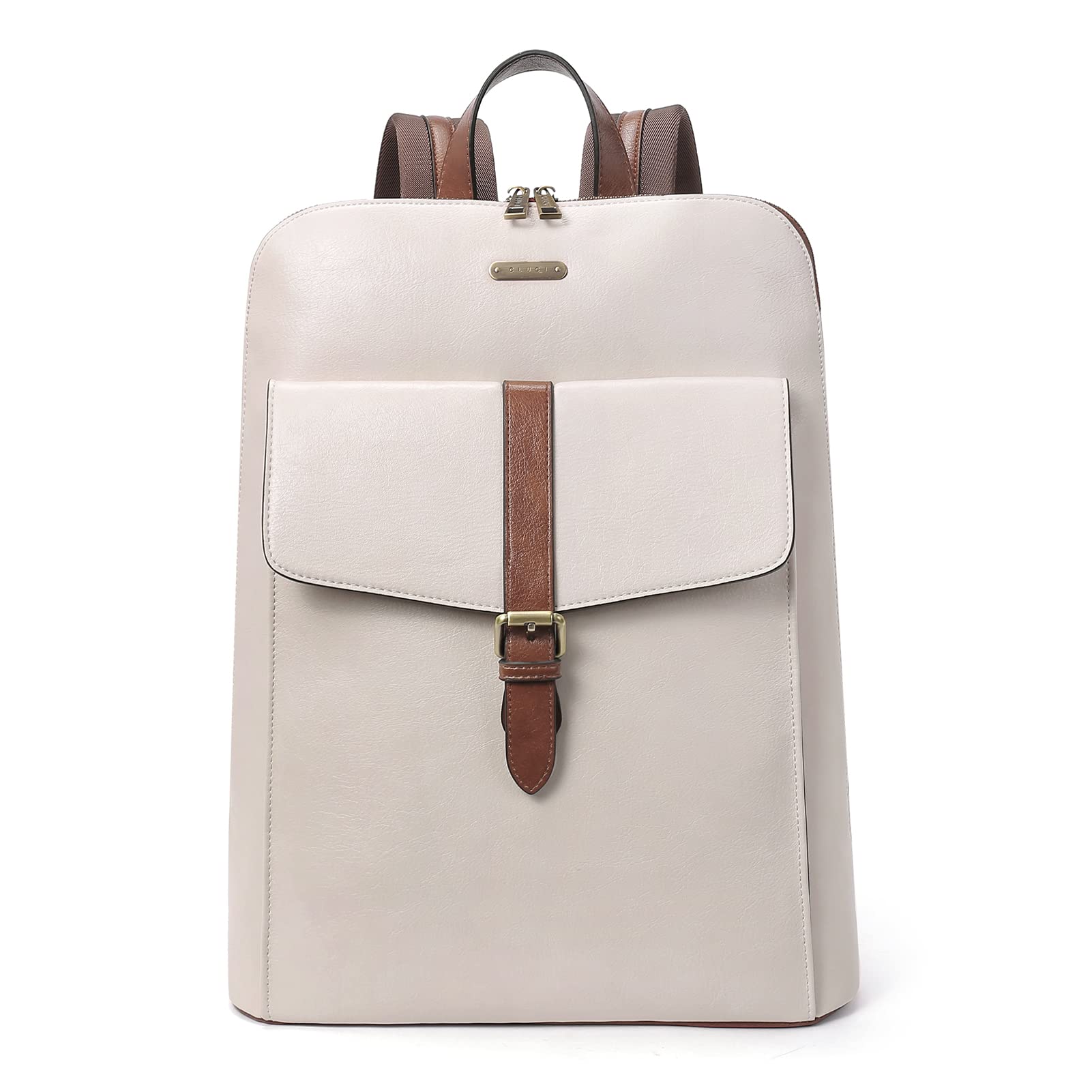 Photo 1 of CLUCI Leather Laptop Backpack for Women 15.6 inch Computer Backpack Stylish Travel Backpack Purse for Women Work Daypack Bag Off-white with brown