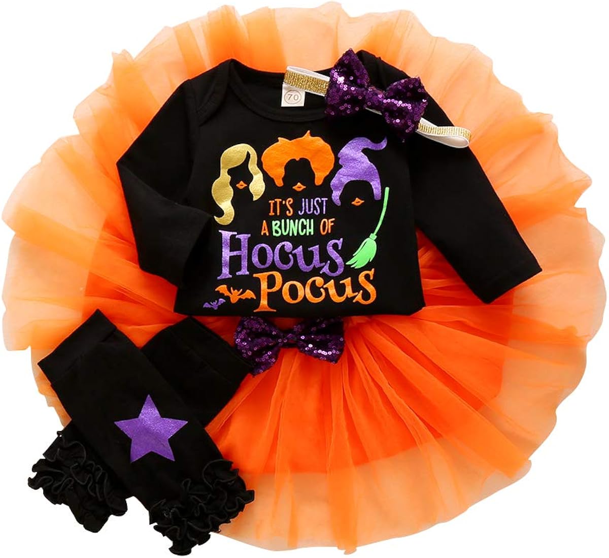 Infant Baby Girl Halloween Tutu Dress Funny Letter Print Romper Bodysuit Tulle Skirt Set with Leg Warmers and Headband