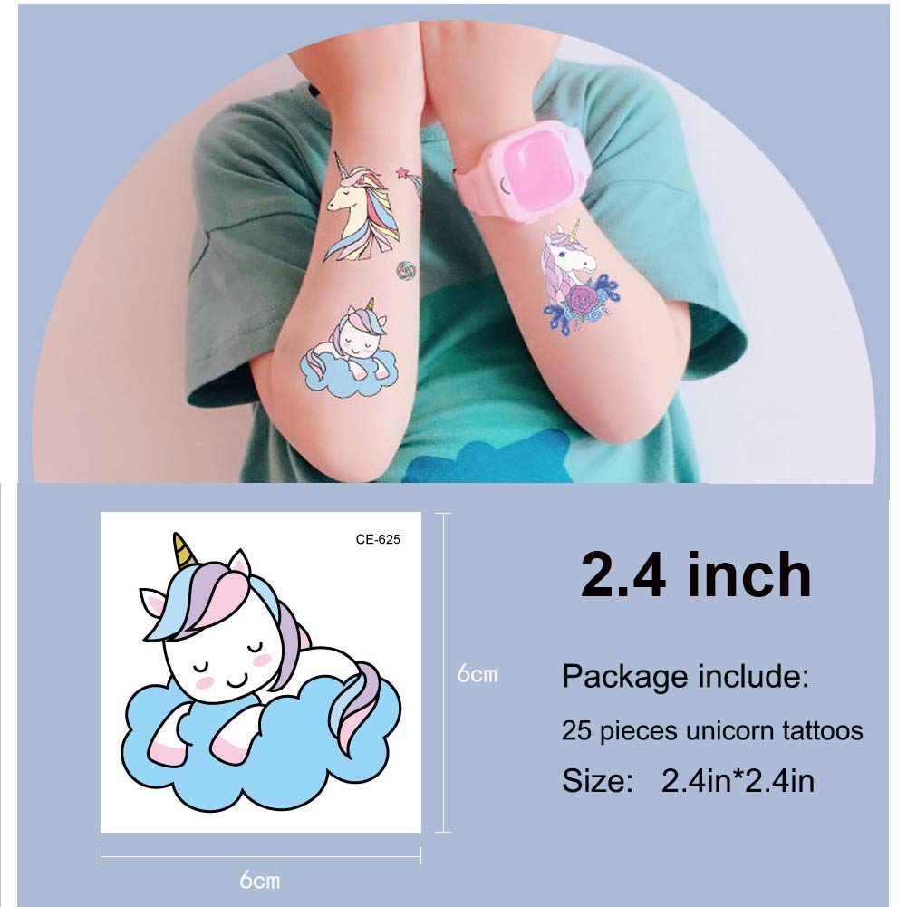 Vindyeer Unicorn Temporary Tattoos for Kids Birthday Party, Waterproof Unicorn Tattoo Stencil Unicorn Party Supplies 25 Pieces 2.5\