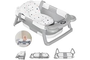 DAOLUAN Foldable Baby Bath Tub for Newborn to Toddler, Infant Baby Bathtub with Thermometer,Soft Cushion and Drain Hole,Durable Collapsible Baby Tubs Baby Travel Essential (Grey)