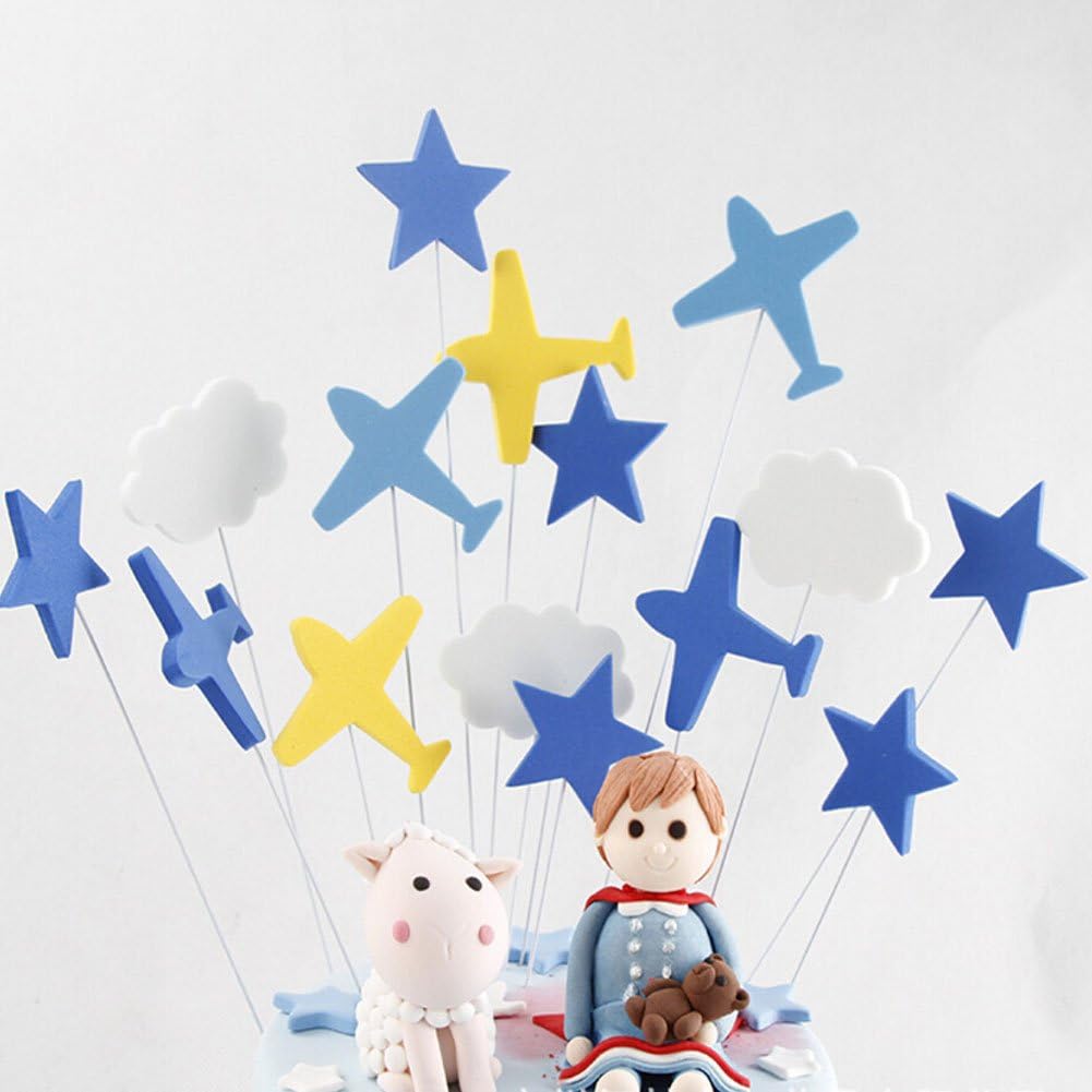 jiahai 30 Pcs Blue Airplanes White Cloud Cake Cupcake Toppers for Baby Shower Birthday Party Favors