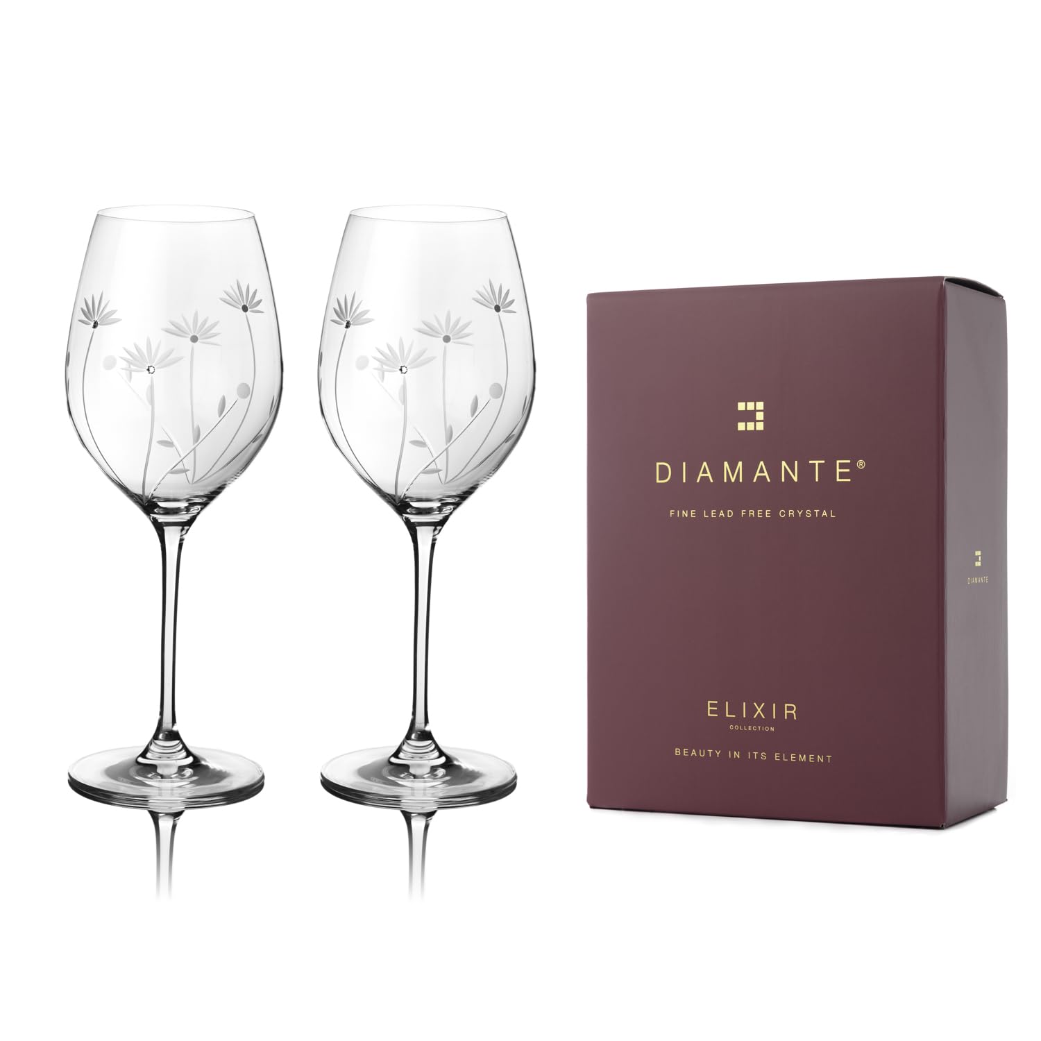 DIAMANTE Universal Crystal Glass Wine Glasses - Bloom - Hand Cut Floral Pattern Embellished with Crystals Set of 2 in Gift Box